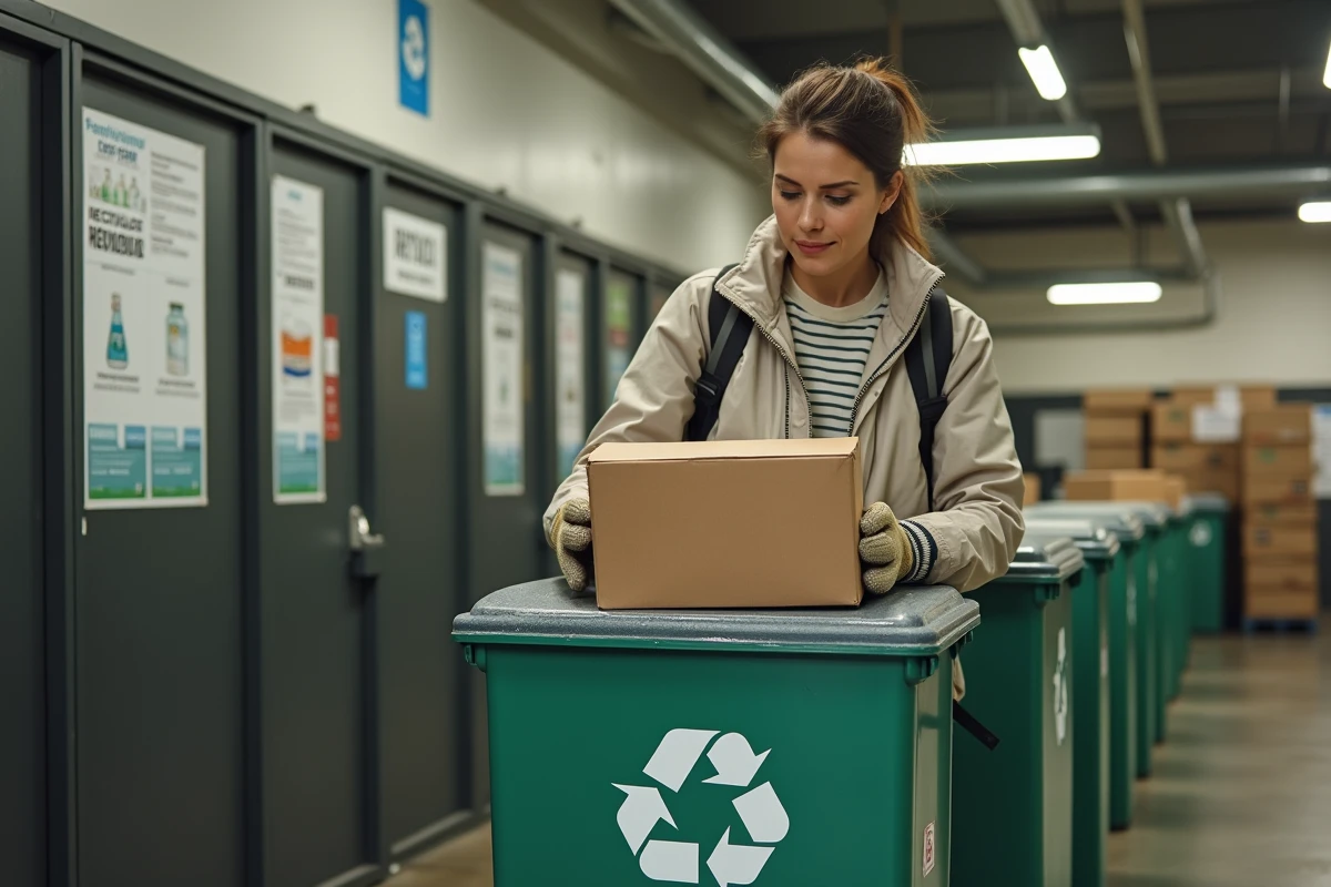 Femme déposant un grand carton dans un conteneur de collecte dans une déchèterie urbaine