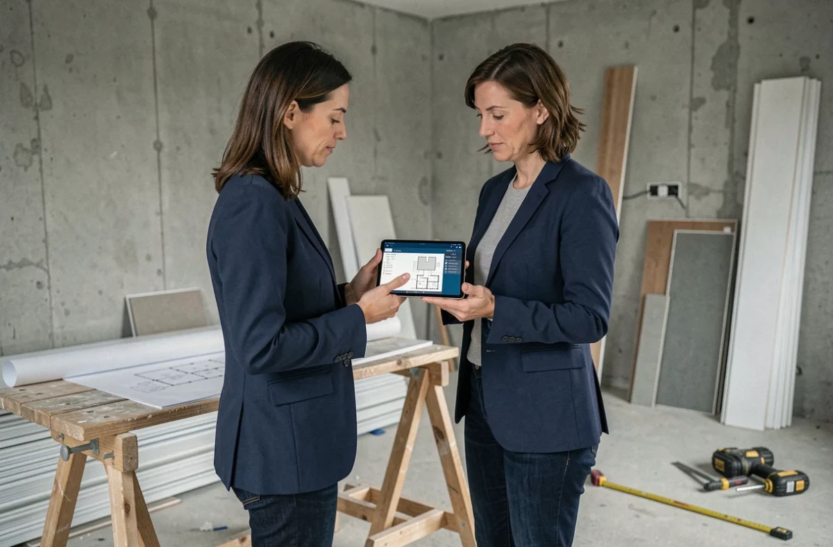 Femme consultant une estimation de coût de travaux sur tablette dans un salon en cours de rénovation