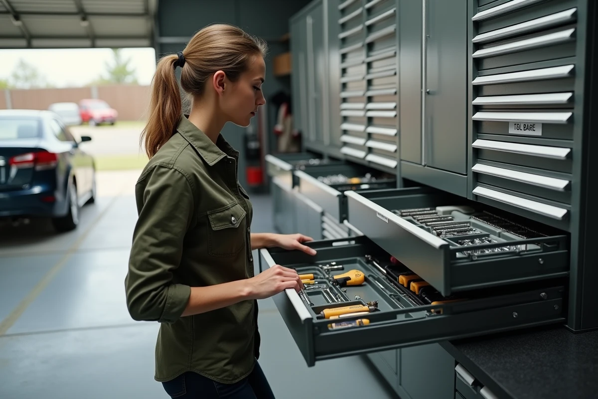 Femme ouvrant un tiroir organisé d'un établi de garage avec des inserts en mousse pour ranger les outils et les accessoires