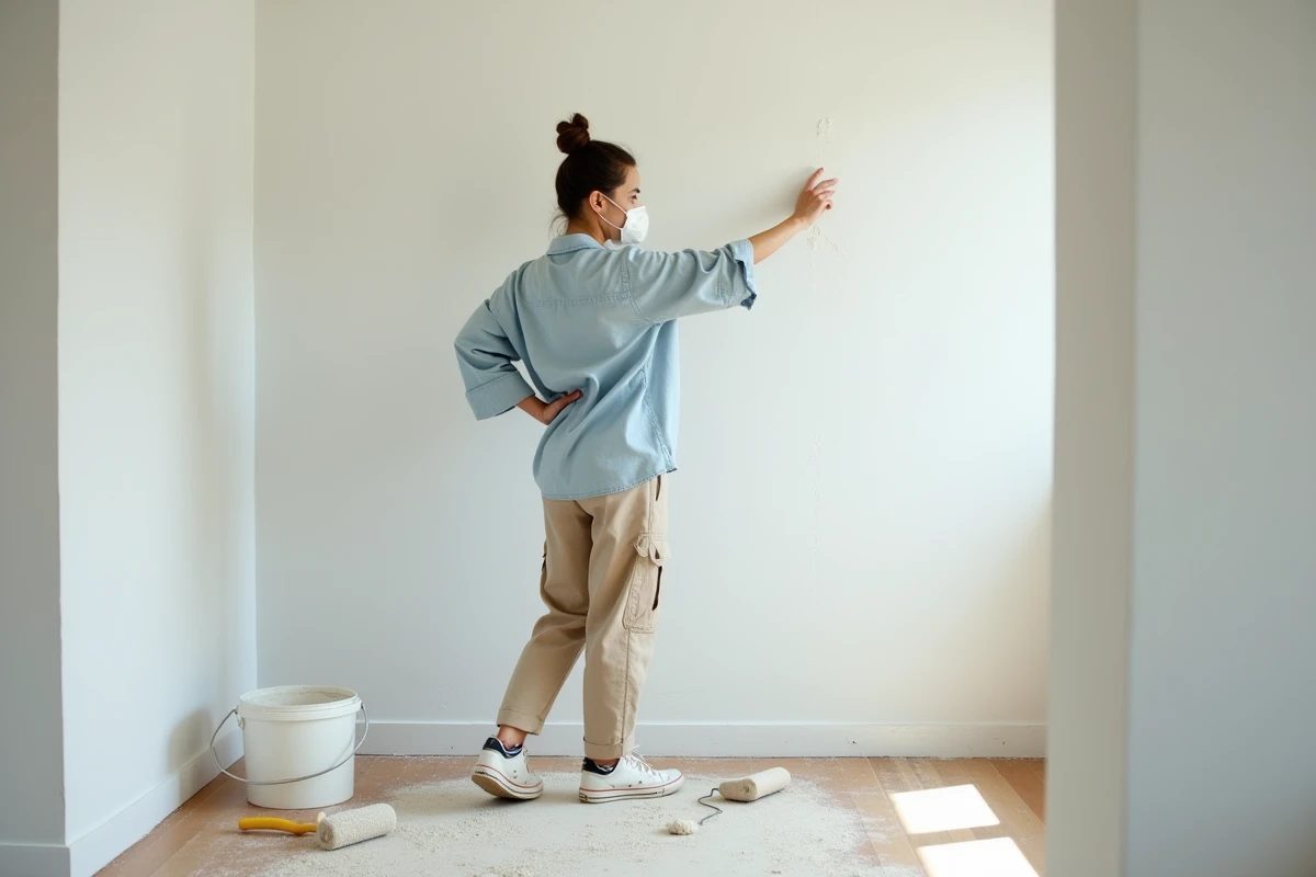 Femme inspectant un mur poncé avant application de la peinture dans une pièce en rénovation
