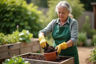 Femme jardinière ajoutant du compost de démarrage dans un pot en terre cuite dans un jardin potager