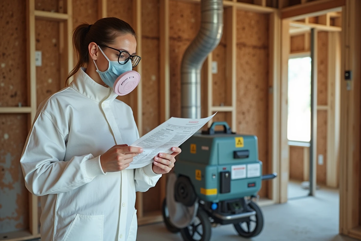 Femme en combinaison de protection consultant une notice à côté d'une machine à insuffler la ouate de cellulose dans une maison en rénovation