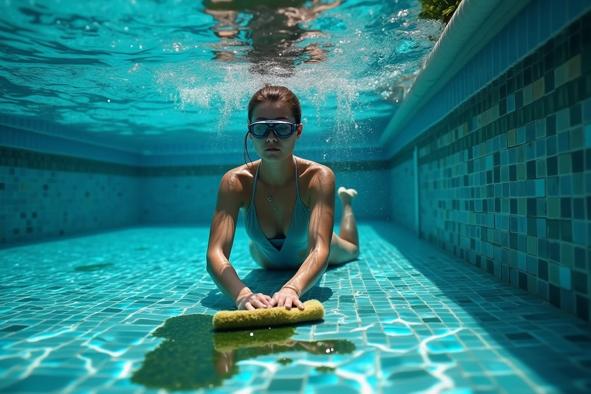 Femme sous l'eau en train de frotter les algues du fond de la piscine avec une éponge abrasive