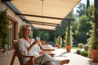 Femme détendue sous une pergola avec toile d'ombrage rétractable dans un jardin méditerranéen en été