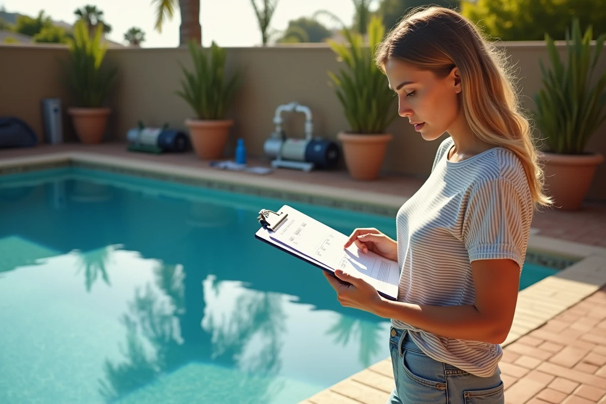 Femme consultant un planning d'entretien de piscine à côté d'un système de filtration à sable