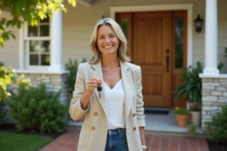 Femme propriétaire souriante tenant ses clés devant sa maison avec un jardin soigné
