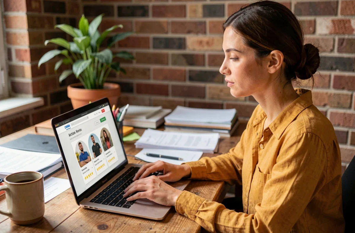 Femme cherchant un artisan de confiance sur une plateforme en ligne depuis son bureau à domicile