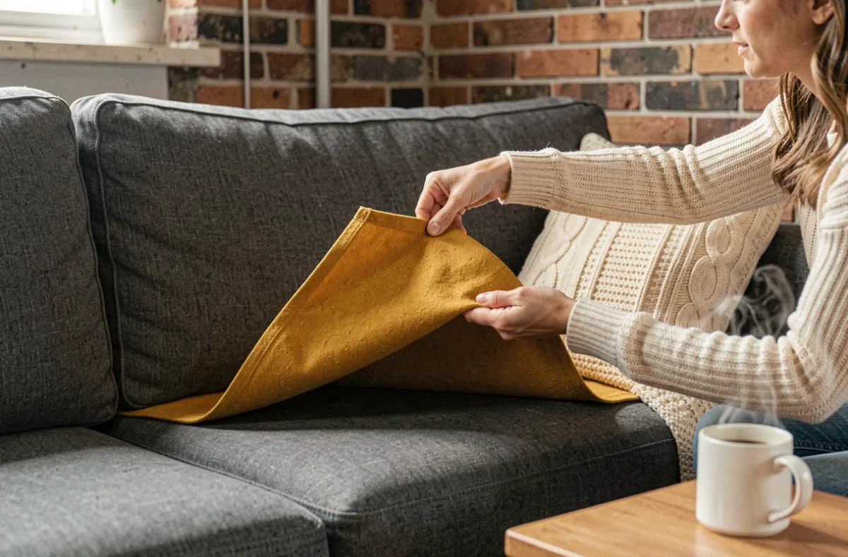 Femme retournant un protège canapé angle réversible gris et jaune moutarde dans un appartement cosy