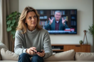 Femme hésitant à éteindre la télévision avec une télécommande dans un salon moderne