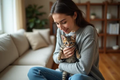 Jeune femme tenant un chaton tigré contre elle dans un salon cosy pour le rassurer et l'empêcher de s'enfuir