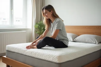 Femme testant la fermeté d'un matelas dans une chambre à coucher moderne pour choisir le bon soutien pour son dos