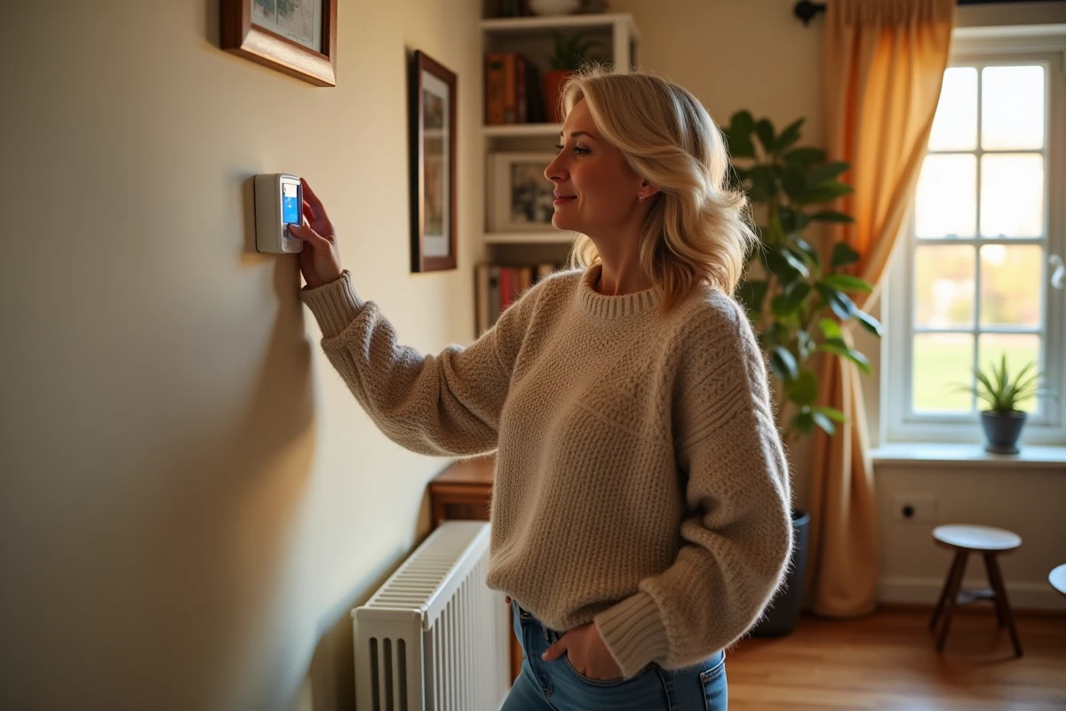 Femme réglant un thermostat mural dans un salon chauffé par un radiateur à eau chaude