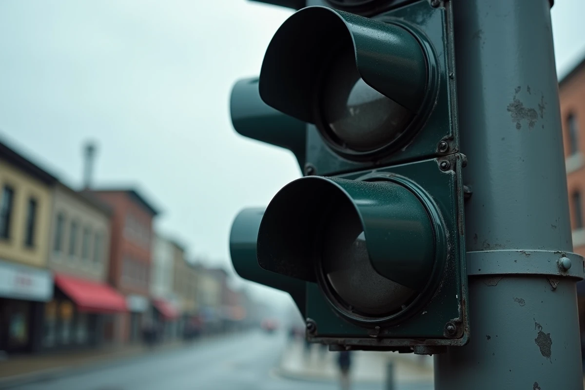 Feu de signalisation éteint et en panne sur un poteau de rue urbaine