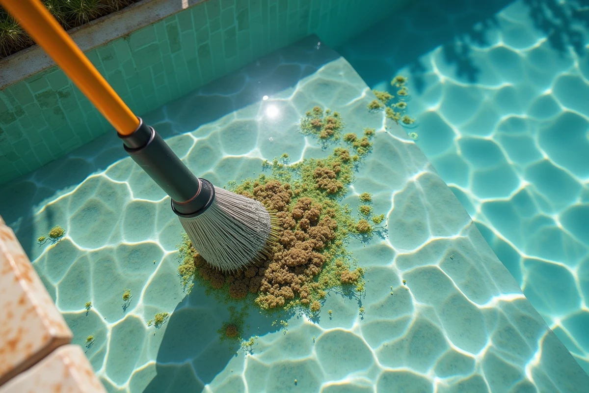 Gros plan sur un filet télescopique ramassant des algues au fond d'une piscine sans aspirateur