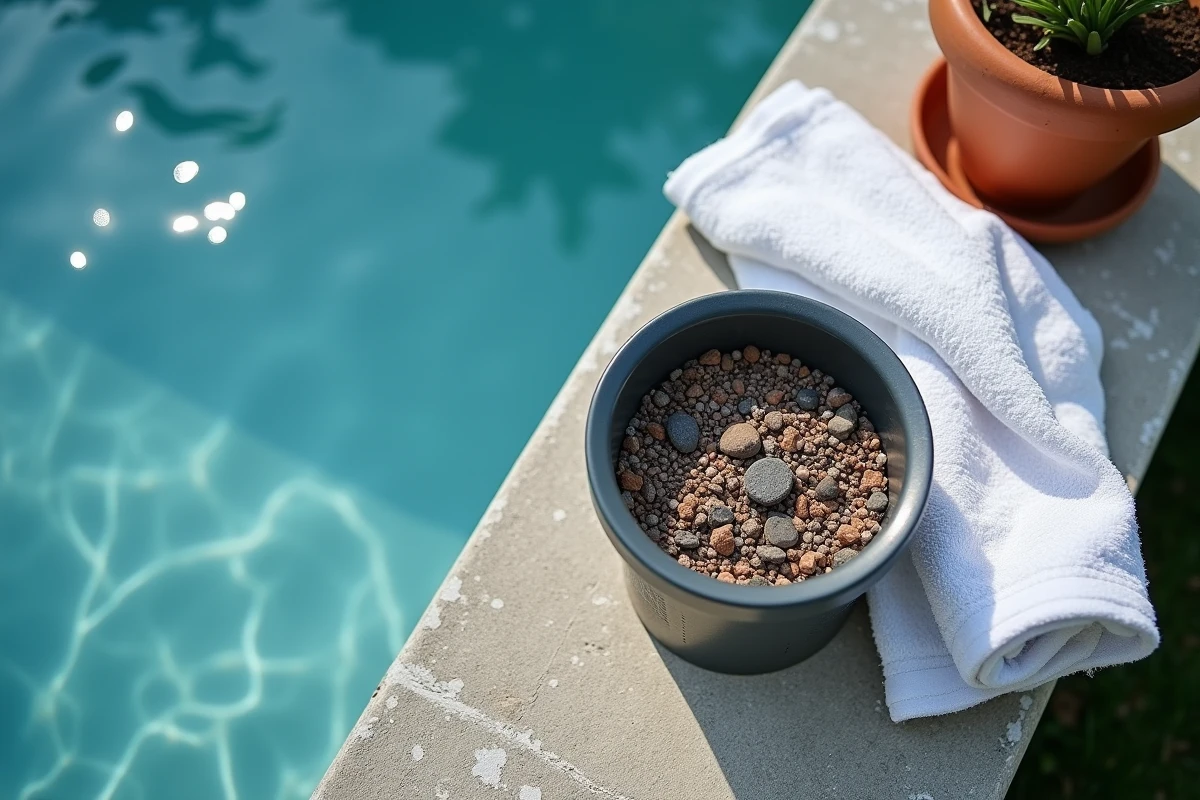 Panier de skimmer avec pierres volcaniques et gravier pour filtration naturelle de piscine sans chimie