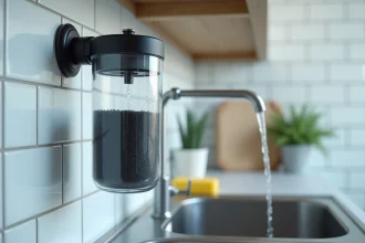 Filtre à charbon actif transparent installé sur une canalisation de cuisine avec écoulement d'eau visible