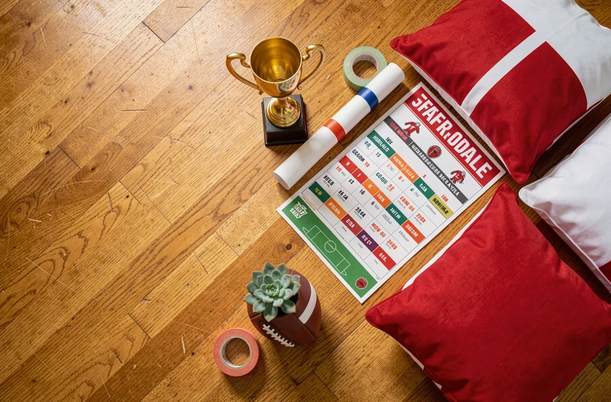 Flat-lay de décorations football bon marché sur parquet bois, trophée miniature, coussins et pot de fleur en forme de ballon pour salon