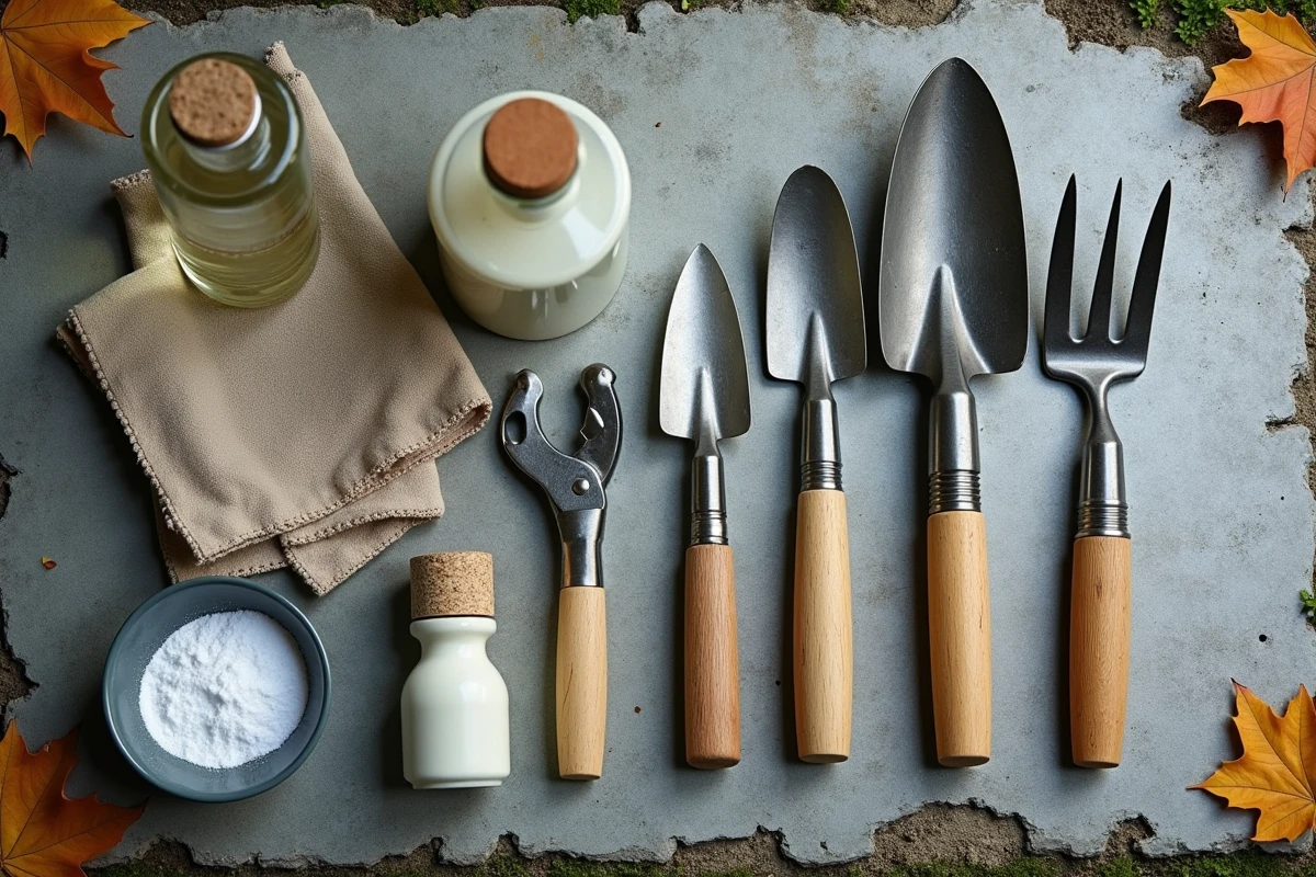 Planche à plat d'outils de jardin nettoyés au vinaigre avec accessoires de nettoyage sur table en pierre
