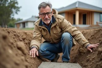 Entrepreneur examinant les fondations d'une maison sans sous-sol lors d'une construction résidentielle
