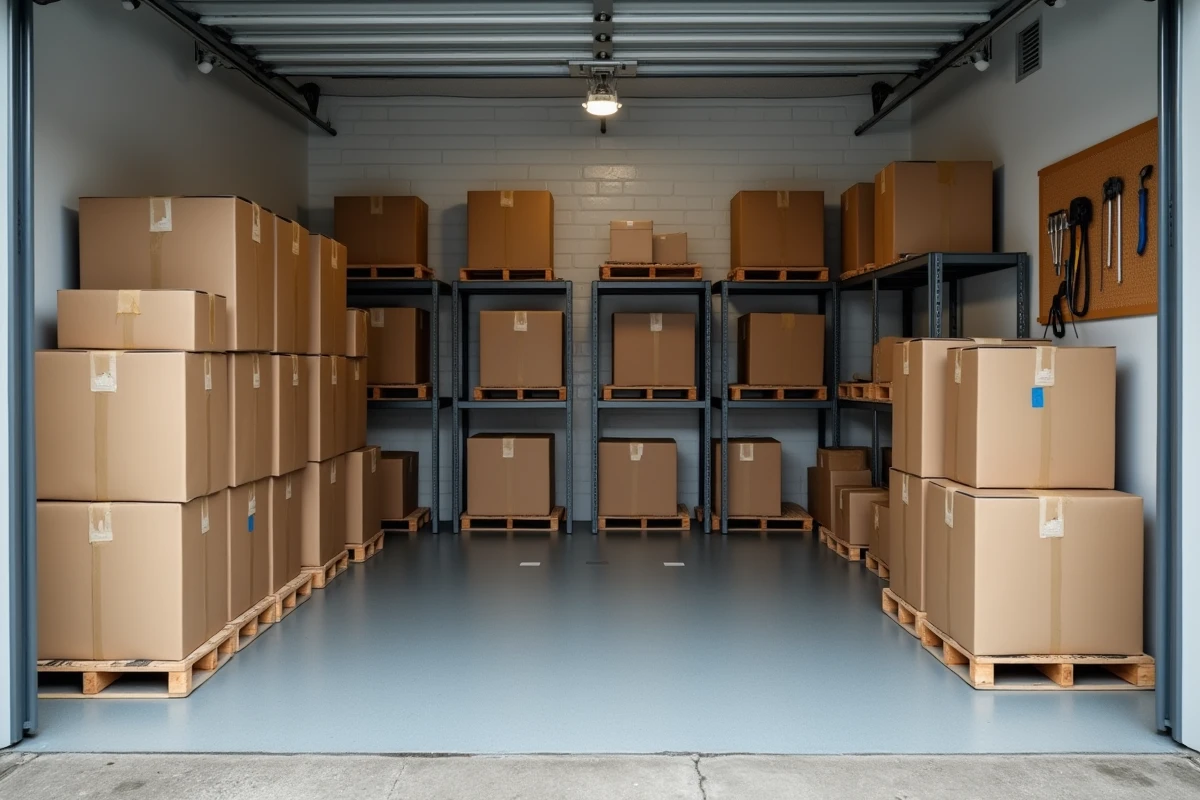 Garage bien organisé avec des cartons empilés sur palettes et étagères métalliques, rangement optimisé