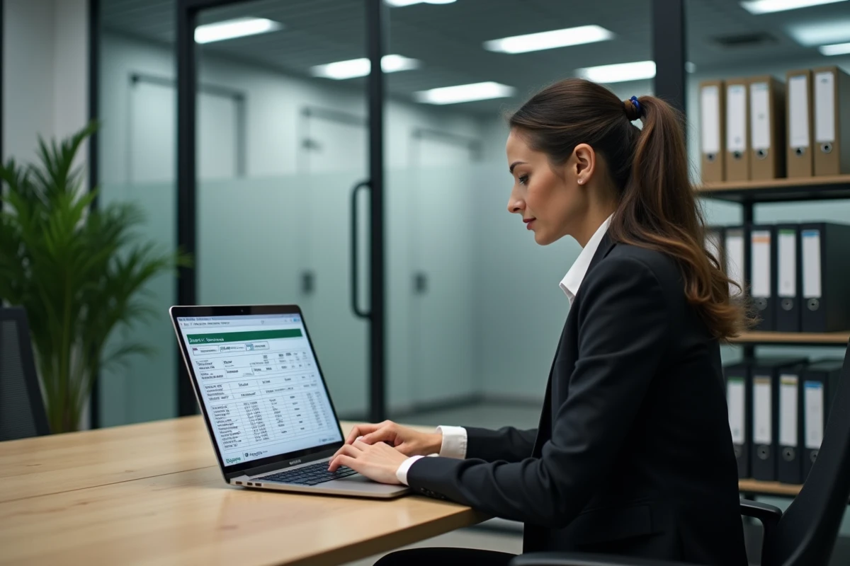 Gestionnaire d'un garde-meuble analysant des revenus locatifs sur un ordinateur dans un bureau moderne