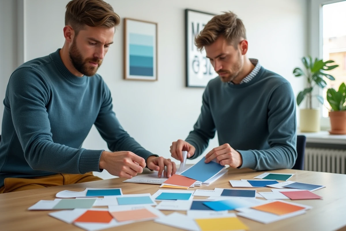 Graphiste masculin examinant des cartes de palette de couleurs complémentaires bleu et orange sur son bureau scandinave