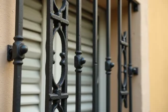 Grille en fer forgé sur fenêtre de maison résidentielle, détail texture métal noir avec volet en bois blanc