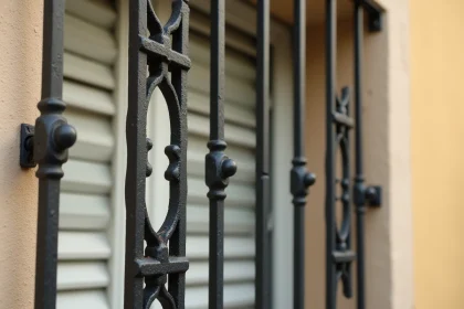 Grille en fer forgé sur fenêtre de maison résidentielle, détail texture métal noir avec volet en bois blanc