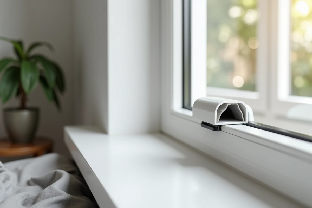 Grille de ventilation manuelle sur fenêtre uPVC dans une chambre moderne pour aérer sans VMC