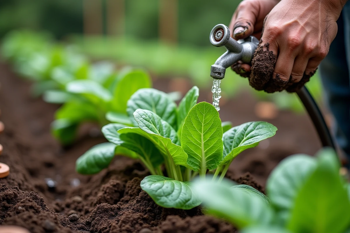 Gros plan de mains arrosant des jeunes pousses d'épinards et de concombres dans un potager