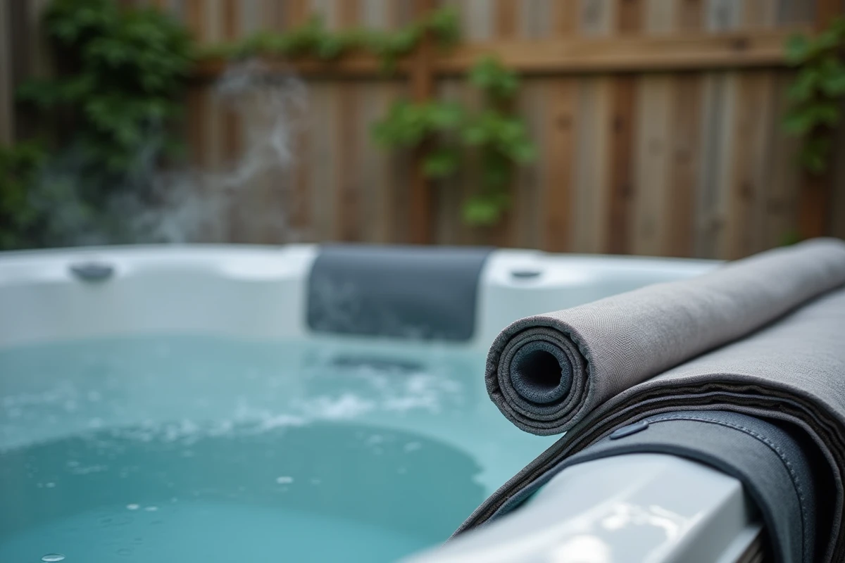 Gros plan sur une couverture de spa thermique roulée avec sangle métallique et vapeur d'eau visible