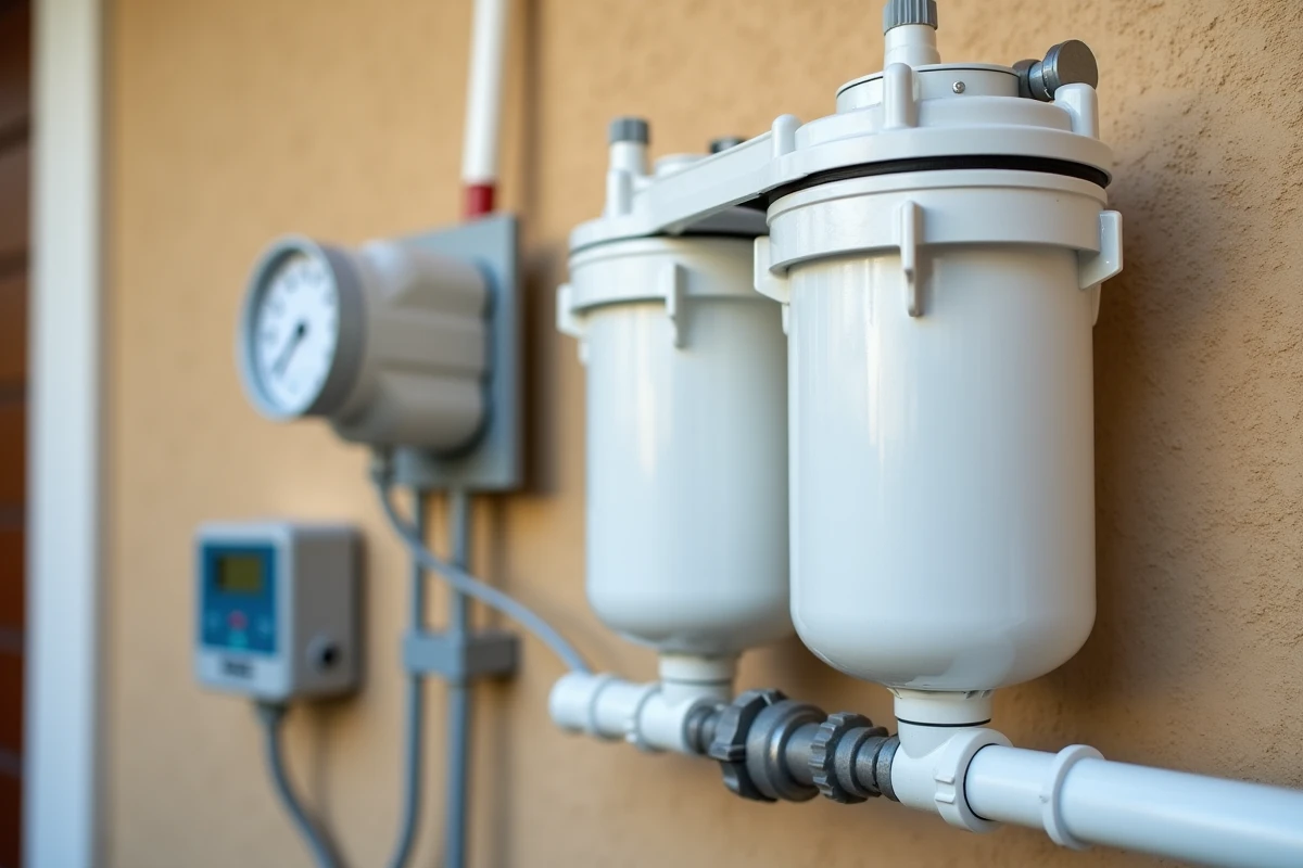 Gros plan sur un filtre de piscine avec minuterie programmable et manomètre de pression