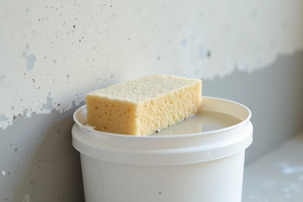 Gros plan sur un mur lessivé à moitié propre avec une éponge et un seau d'eau savonneuse avant peinture