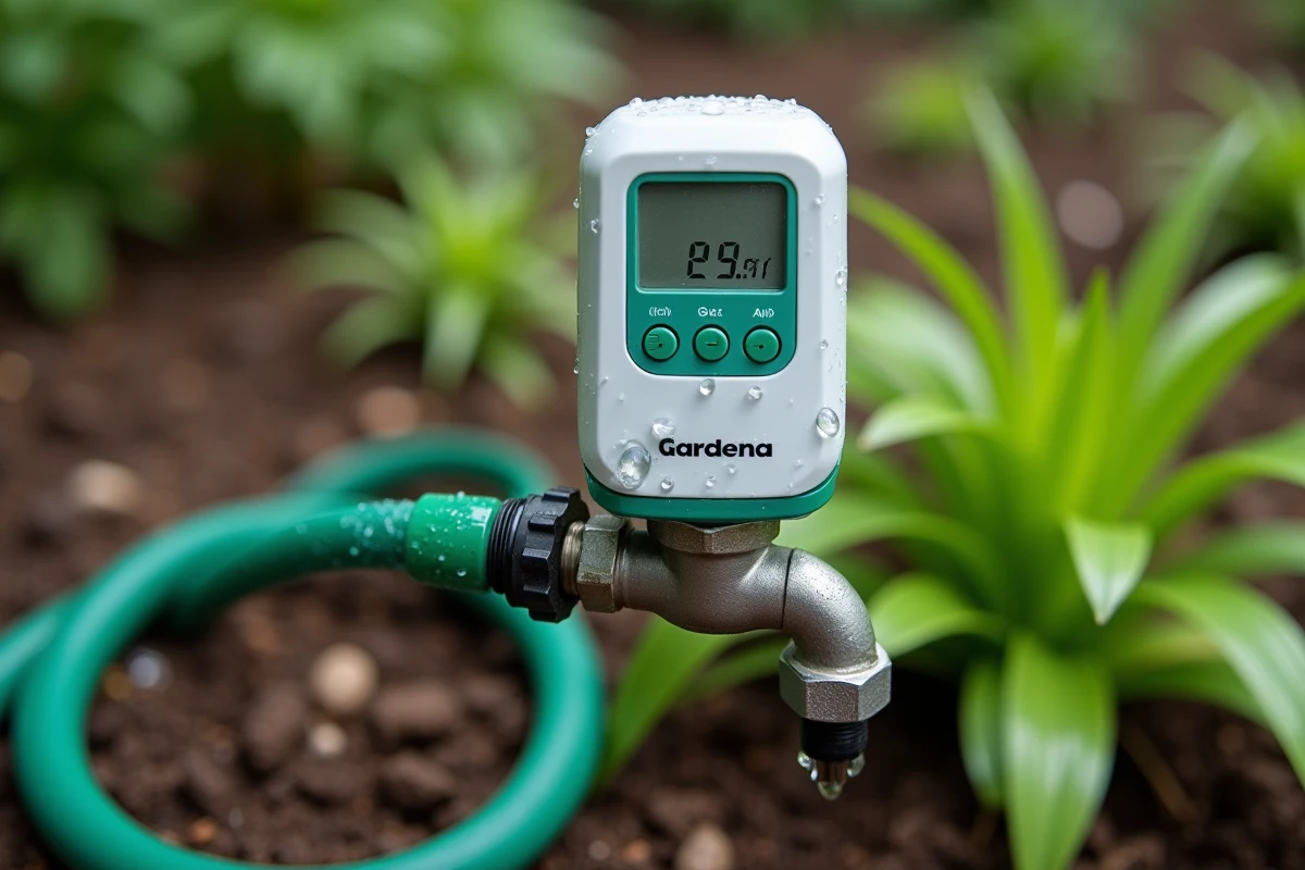 Gros plan sur un programmateur Gardena branché sur un robinet avec tuyau d'arrosage et gouttes d'eau