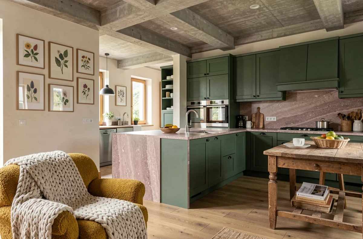 Espace de vie ouvert à Annecy par Habitat Séduction avec cuisine verte, îlot en calcaire et fauteuil bouclé moutarde
