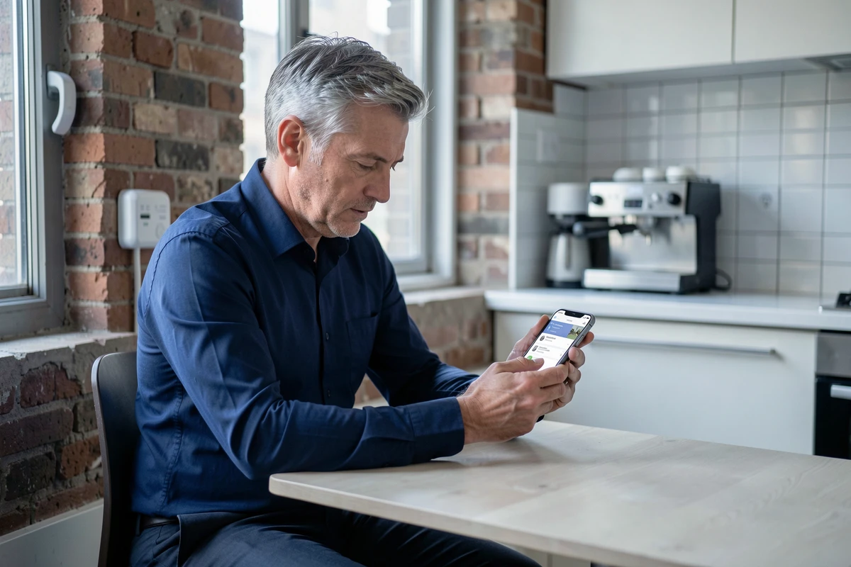 Homme consultant l'application de surveillance Homiris sur son téléphone dans une cuisine d'appartement urbain