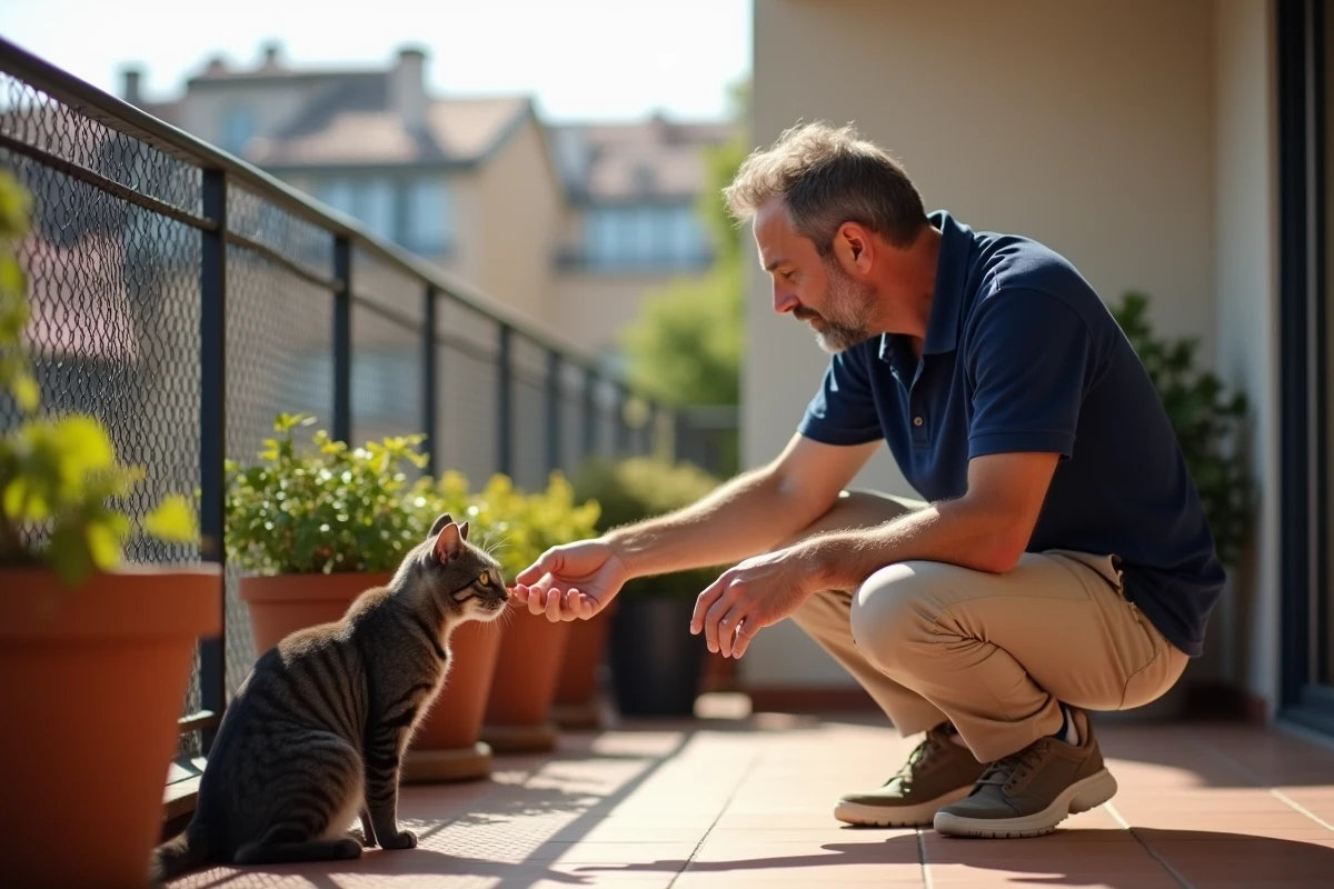 Homme accroupi sur un balcon sécurisé avec filet de protection tendant la main à un chat gris pour créer un lien de confiance