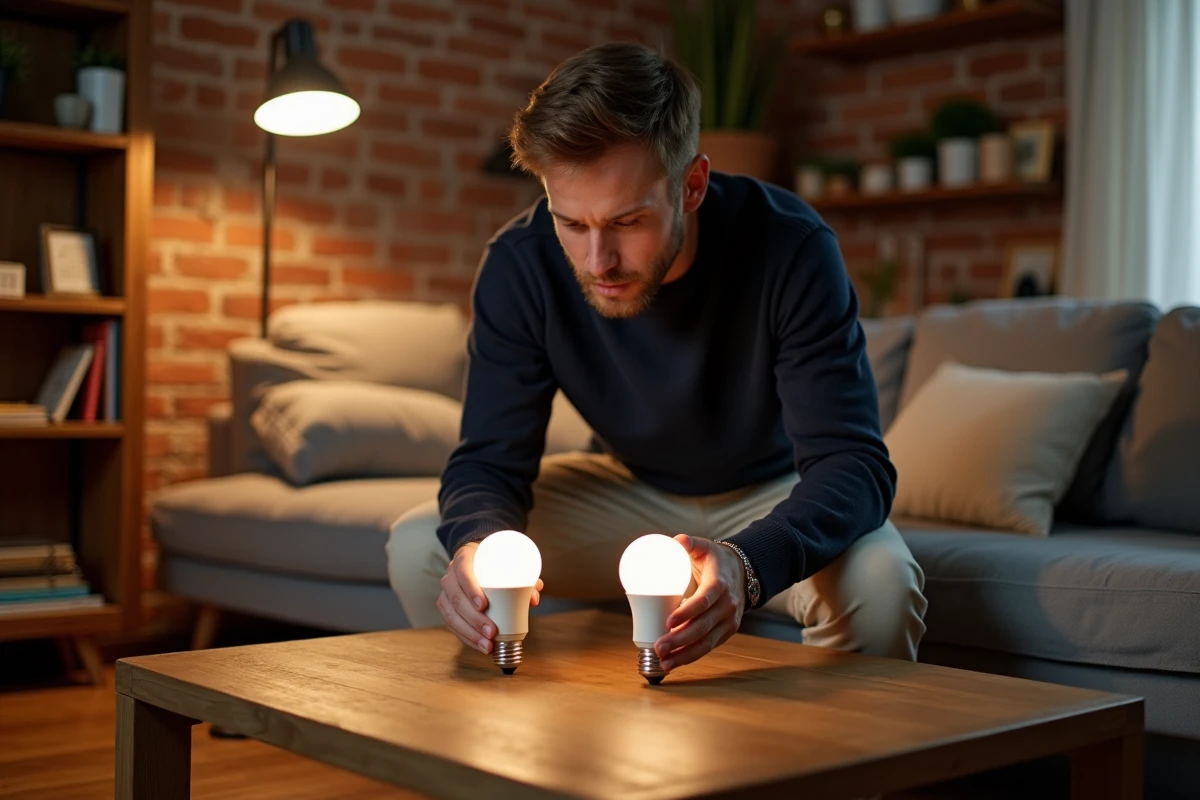 Homme comparant deux ampoules LED dans un salon cosy avec parquet en chêne et mur en briques