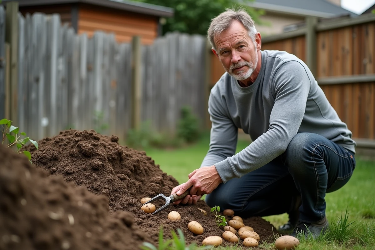 Homme retournant un tas de compost contenant des morceaux de pommes de terre en décomposition dans un jardin