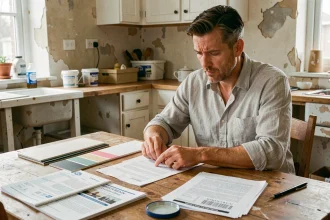Homme examinant des devis de travaux de rénovation sur une table en bois dans une cuisine en cours de rénovation