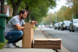 Homme qui aplatit et empile de grands cartons sur le trottoir devant un bac de recyclage
