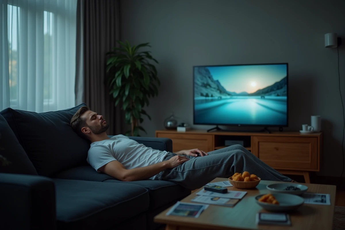 Homme endormi sur le canapé avec la télévision allumée en arrière-plan dans un appartement