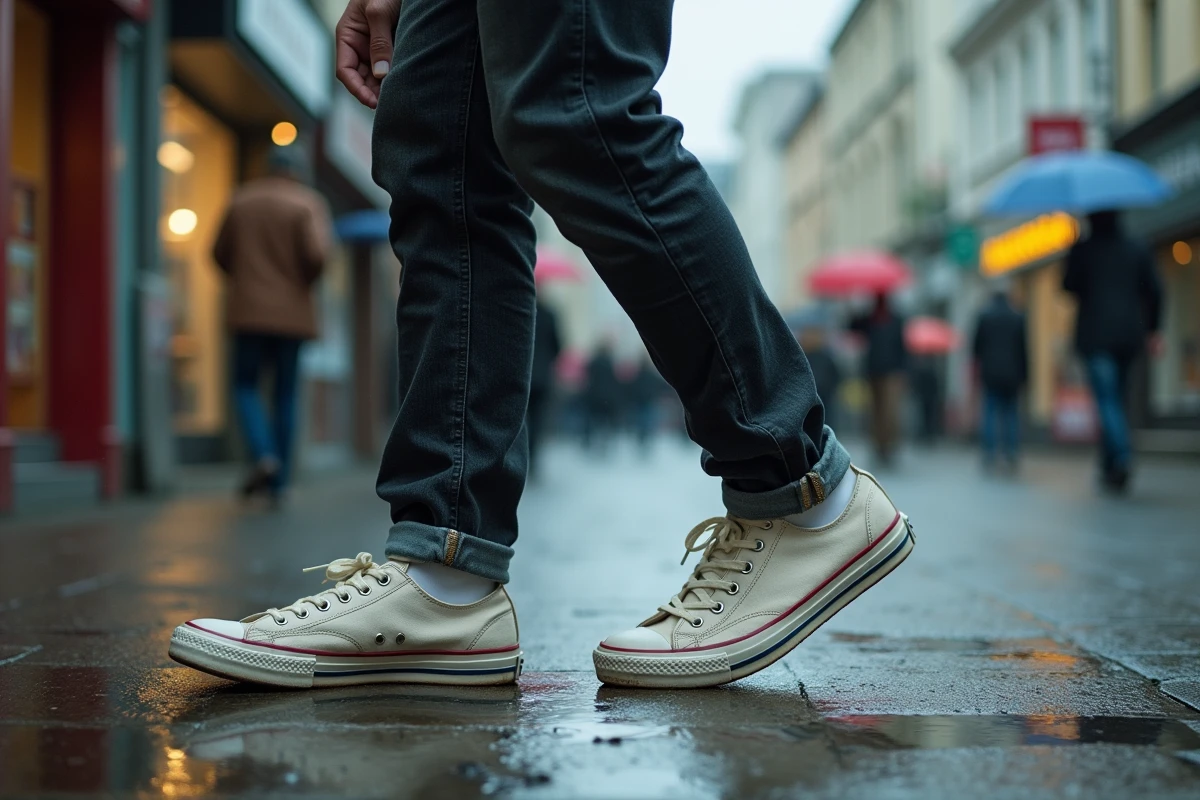 Homme marchant accidentellement dans une crotte de chien sur un trottoir mouillé en ville, exprimant du dégoût en regardant sa chaussure souillée