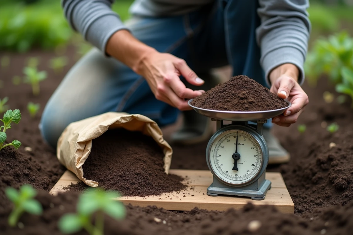 Homme pesant la quantité de compost de démarrage sur une balance dans un potager