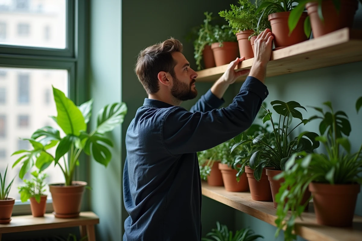 Homme intégrant des plantes d'intérieur sur des étagères pour apporter de la vie à un appartement moderne