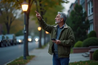 Un homme signalant un lampadaire en panne dans une rue résidentielle avec son smartphone