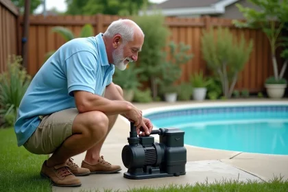 Homme examinant le filtre et la pompe d'une piscine hors-sol dans un jardin résidentiel
