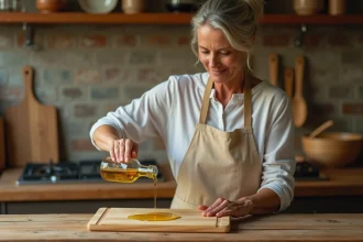 Femme versant de l'huile d'olive sur une planche en bois dans une cuisine rustique