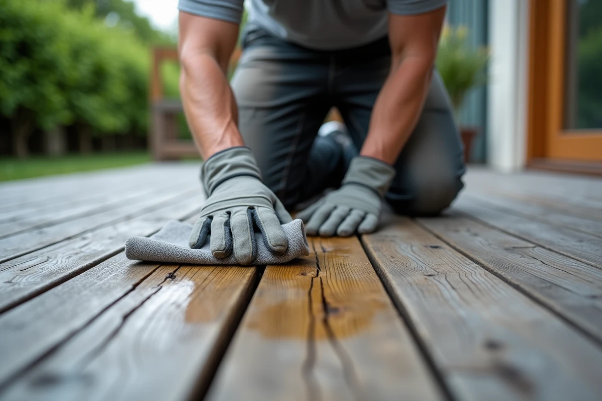 Homme appliquant de l'huile d'olive sur une terrasse en bois extérieure avec un chiffon