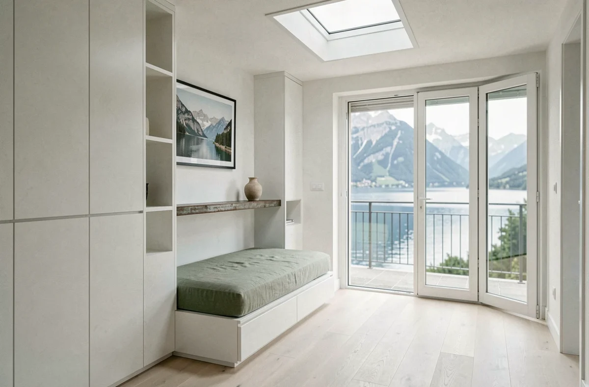 Intérieur épuré à Annecy signé Huitième Jour avec joinery blanc laqué, daybed en lin et vue sur les montagnes